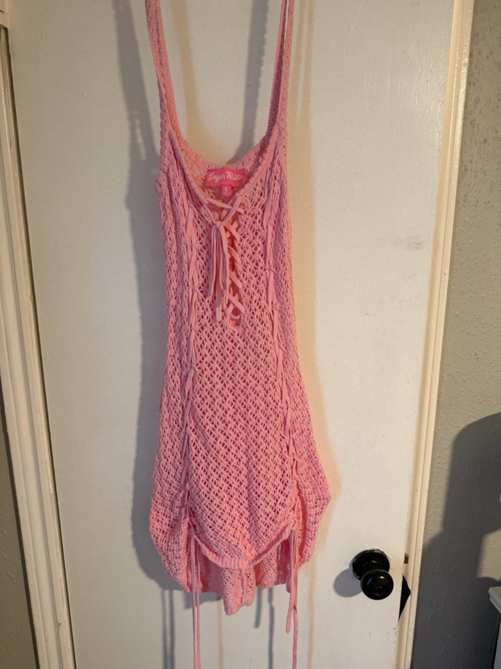 Sugar Thrillz Pink Crochet Lace-Up One-Piece